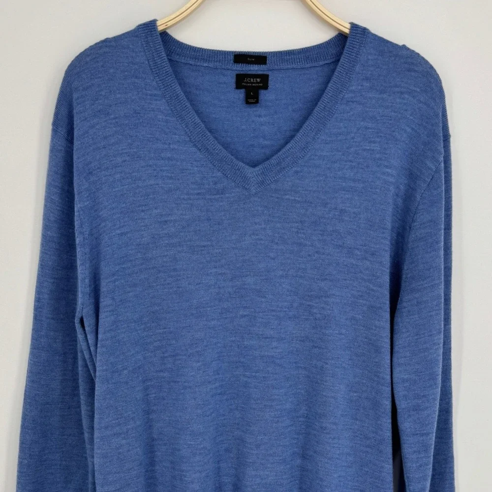 J.Crew Italian Merino Wool V-Neck Sweater Large Blue Slim Fit Tollegno 1900 Soft